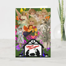 NATIVITY COLLAGE VINTAGE ANGELS CHRISTMAS CARD