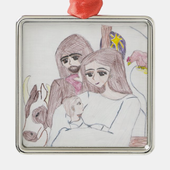 Nativity Coloured Pencil Drawing Metal Tree Decoration (Front)