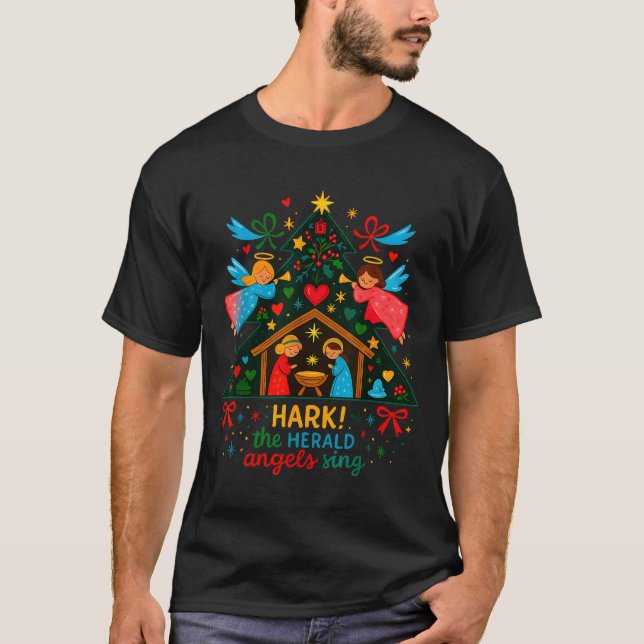 Nativity Hark The Herald Angels Sing Cute Christma T-Shirt (Front)