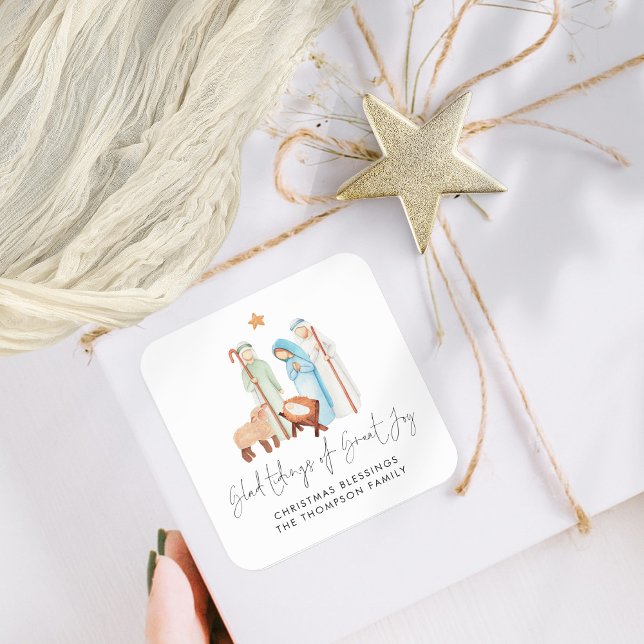 Nativity illustration Glad Tidings Of Great Joy Square Sticker (Mary Joseph  Baby Jesus and Shepherd Nativity Scene Christmas Gift Stickers)