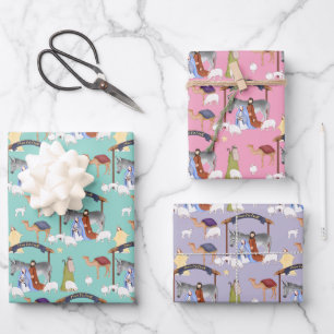 Nativity in pink, blue and purple wrapping paper sheet
