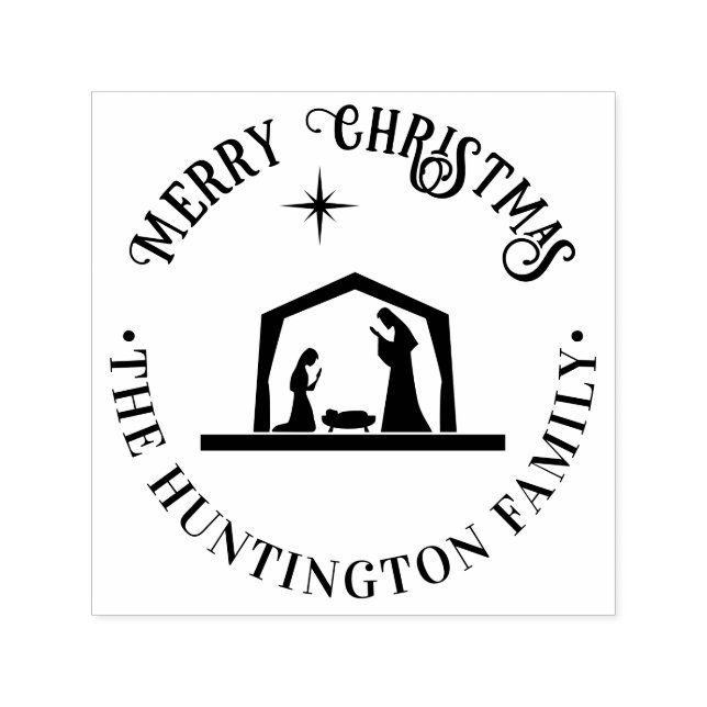 Nativity Jesus Manger Merry Christmas Family Name Self-inking Stamp (Design)