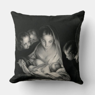 Nativity Jesus Virgin Mary Angels Black White Cushion