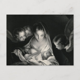 Nativity Jesus Virgin Mary Angels Black White Holiday Postcard