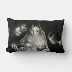 Nativity Jesus Virgin Mary Angels Black White Lumbar Cushion