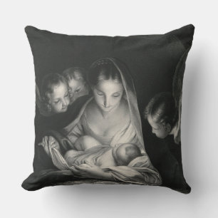 Nativity Jesus Virgin Mary Angels Black White Outdoor Cushion