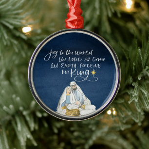 Nativity Joy Watercolor Religious Christmas Metal Ornament
