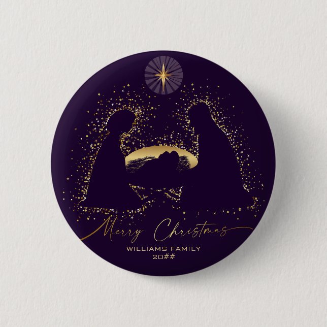 Nativity Manger Christmas Purple Gold Custom Name 6 Cm Round Badge (Front)