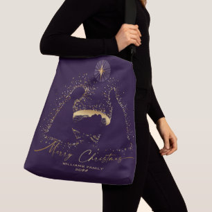 Nativity Manger Christmas Purple Gold Custom Name Crossbody Bag
