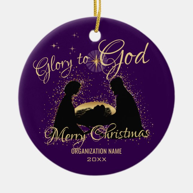 Nativity Manger Glory To God Purple Ceramic Ornament (Front)
