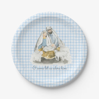 Nativity, Manger Scene, Gingham Blue Paper Plate