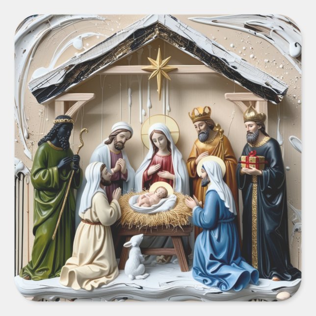 Nativity manger, tree wise men Bethlem Square Sticker (Front)