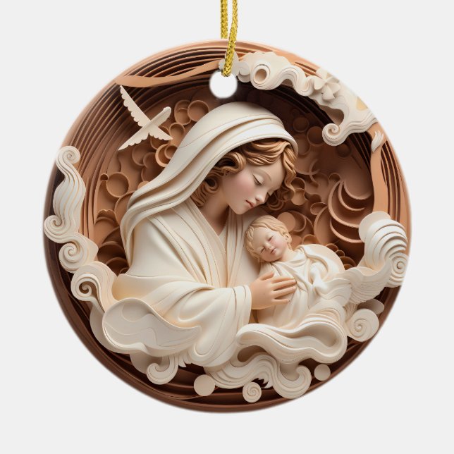 Nativity Mary and Baby Jesus 3d Wood Look Ceramic Ornament (Front)