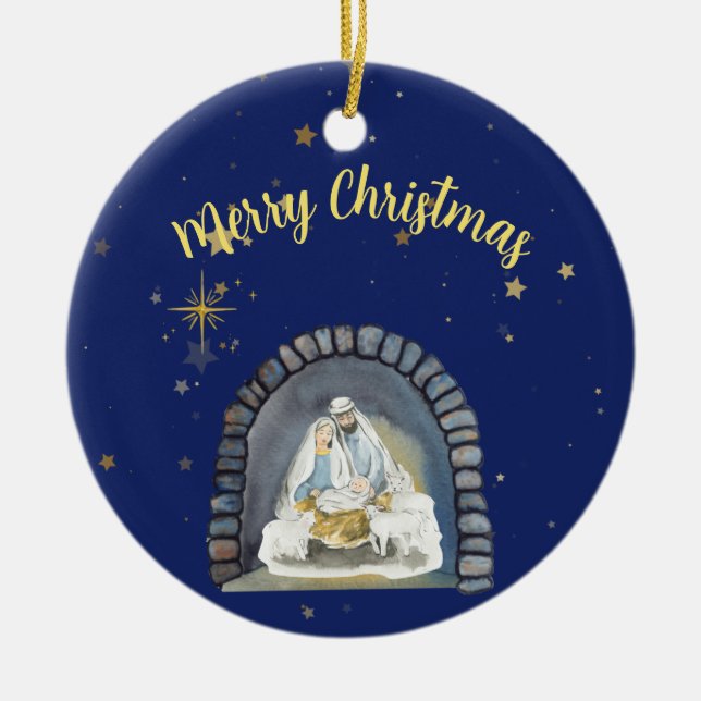Nativity Merry Christmas Ceramic Ornament (Front)
