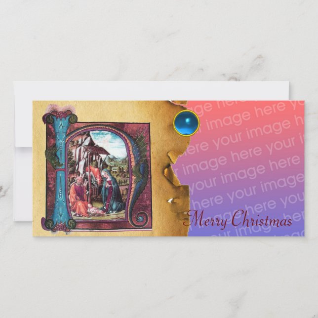 NATIVITY MONOGRAM CHRISTMAS PARCHMENT Blue Gem Holiday Card (Front)