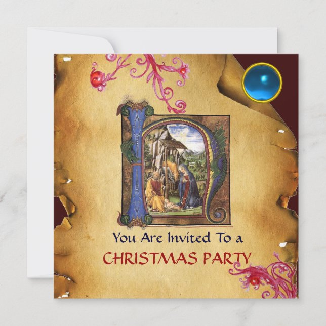 NATIVITY MONOGRAM CHRISTMAS PARCHMENT Blue Gem Invitation (Front)