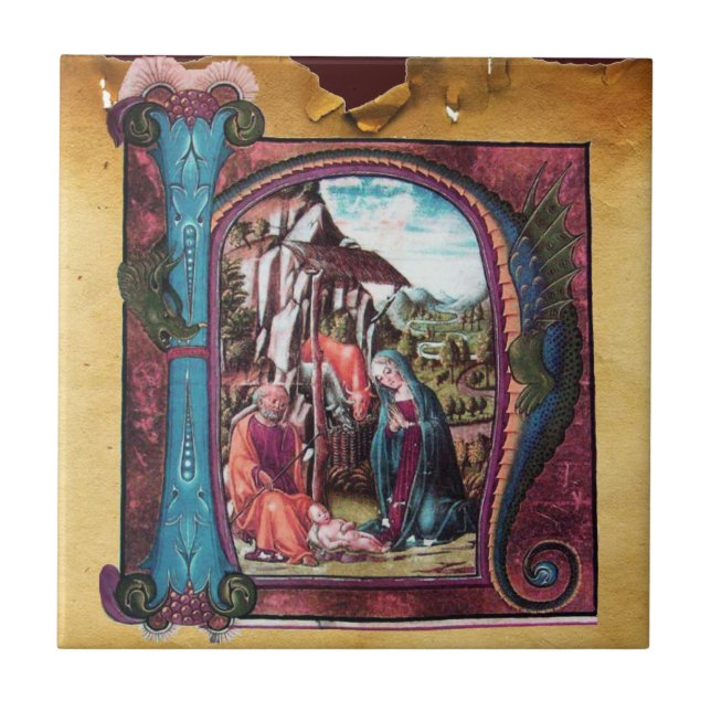 NATIVITY MONOGRAM CHRISTMAS PARCHMENT CERAMIC TILE (Front)