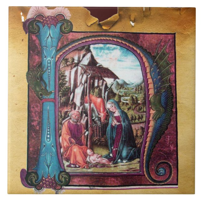 NATIVITY MONOGRAM CHRISTMAS PARCHMENT CERAMIC TILE (Front)
