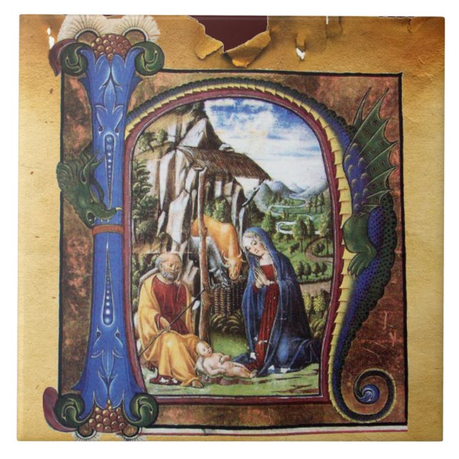 NATIVITY MONOGRAM CHRISTMAS PARCHMENT CERAMIC TILE (Front)