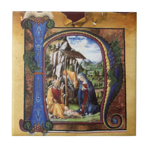 NATIVITY MONOGRAM CHRISTMAS PARCHMENT CERAMIC TILE