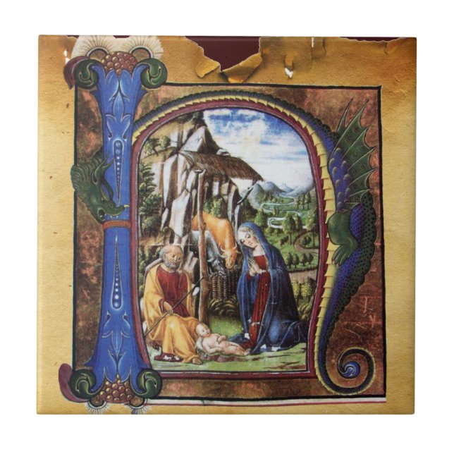 NATIVITY MONOGRAM CHRISTMAS PARCHMENT CERAMIC TILE (Front)