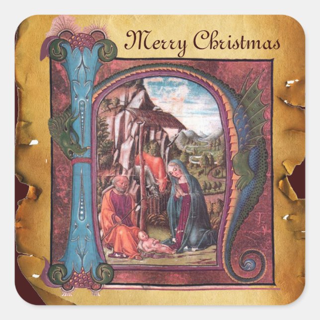 NATIVITY MONOGRAM CHRISTMAS PARCHMENT SQUARE STICKER (Front)
