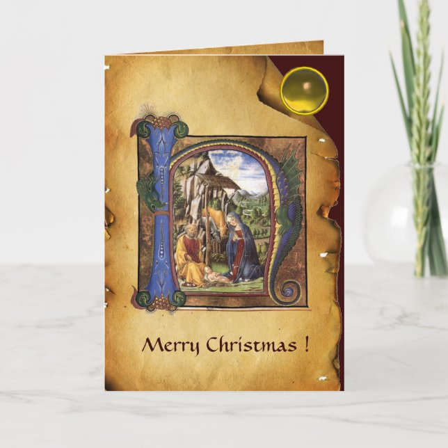 NATIVITY MONOGRAM CHRISTMAS PARCHMENT Yellow Gem Holiday Card (Front)