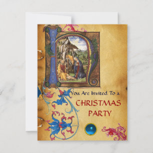 NATIVITY MONOGRAM FLORAL CHRISTMAS PARCHMENT INVITATION