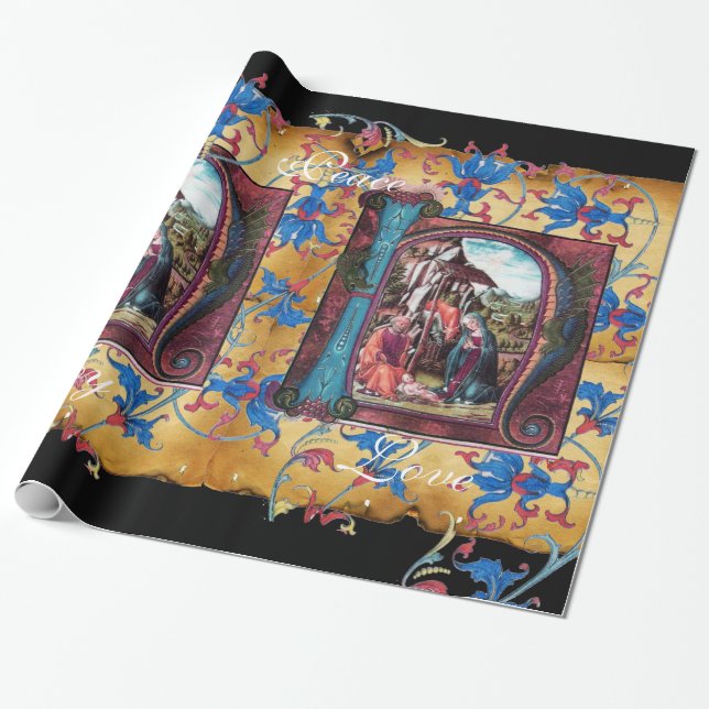 NATIVITY MONOGRAM FLORAL CHRISTMAS PARCHMENT WRAPPING PAPER (Unrolled)