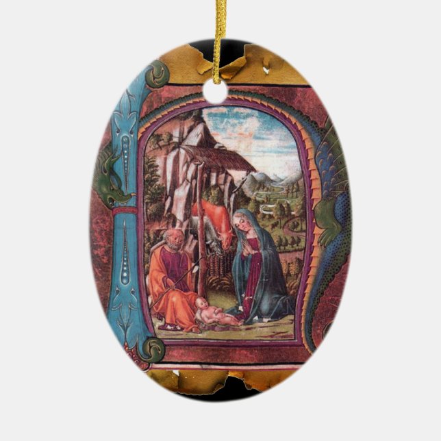 NATIVITY PARCHMENT Blue Gemstone Monogram Ceramic Tree Decoration (Front)