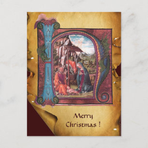 NATIVITY PARCHMENT Blue Sapphire Monogram Holiday Postcard