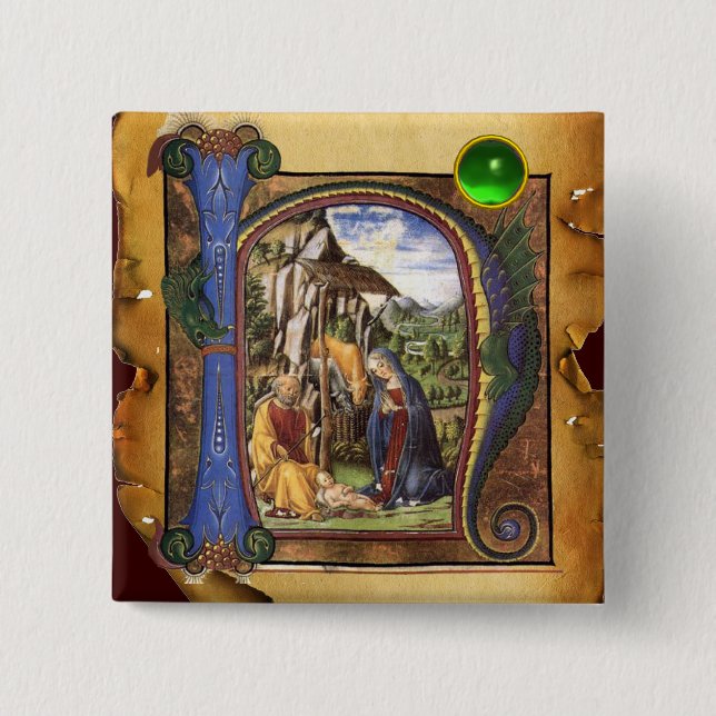 NATIVITY PARCHMENT Green Emerald Monogram 15 Cm Square Badge (Front)
