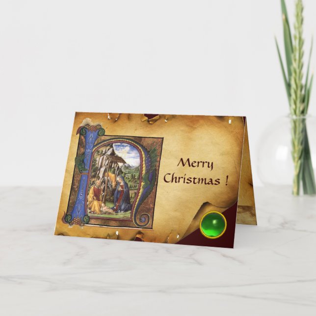 NATIVITY PARCHMENT Green Emerald Monogram Holiday Card (Front)