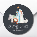 Nativity Religious Christmas  Classic Round Sticker<br><div class="desc">Charming dark blue nativity religious Christmas stickers feature a beautiful watercolor nativity scene. They are perfect for sharing the season's joy with those closest to you. The words "O Holy Night" are elegantly written below the scene,  representing the magic and wonder of Christmas.</div>