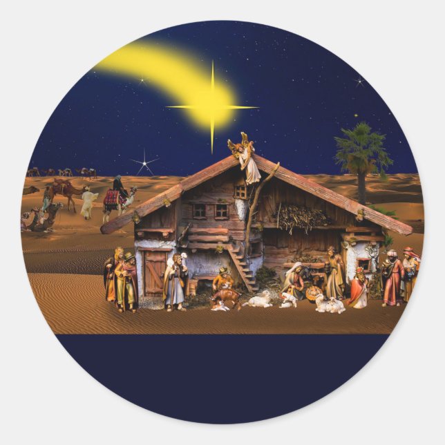 Nativity Scene at Midnight in Bethlehem Design Classic Round Sticker (Front)