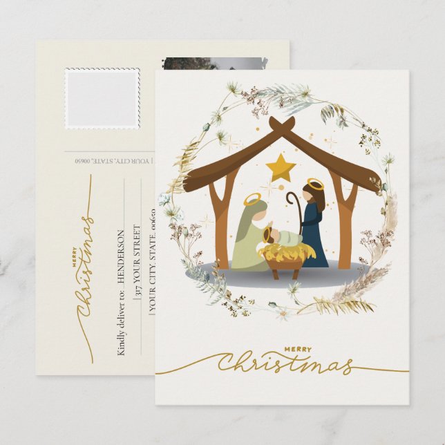 Nativity Scene Baby Jesus in the Manger Your Photo Holiday Postcard (Front/Back)