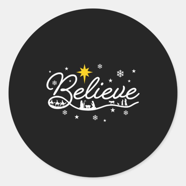 Nativity Scene Believe Christian Family Merry Chri Classic Round Sticker (Front)
