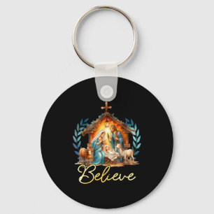 Nativity Scene Believe Christian Xmas Family Merry Key Ring
