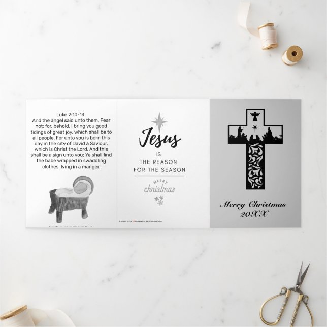 Nativity Scene Black Cross Church Christmas Tri-Fold Holiday Card (Outside)