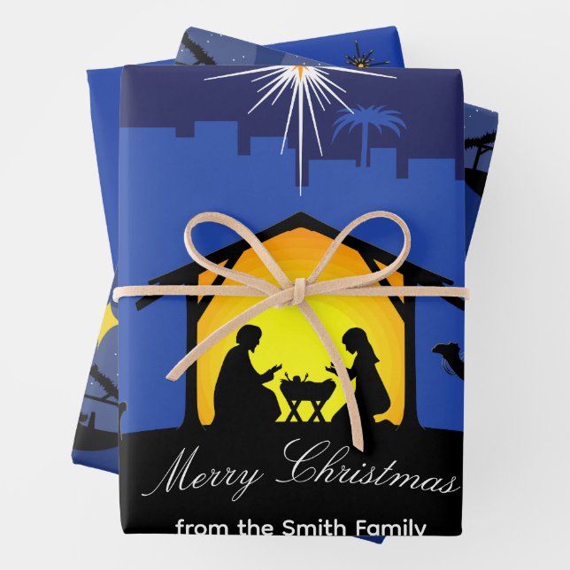 Nativity Scene Blue Star Christmas  Wrapping Paper Sheet (In situ)