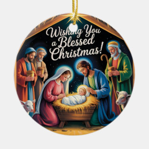 Nativity Scene Christmas Greeting Ceramic Ornament