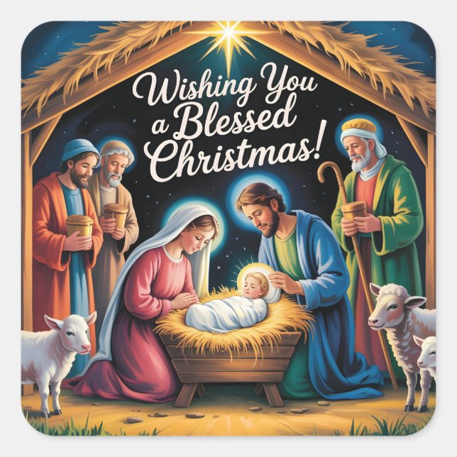 Nativity Scene Christmas Greeting Square Sticker (Front)