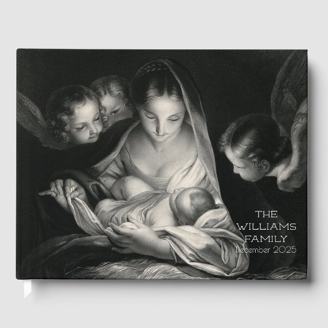 Nativity Scene Crib Virgin Mary Baby Jesus Angels Guest Book (Front)