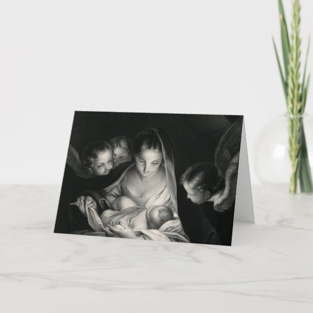 Nativity Scene Crib Virgin Mary Baby Jesus Angels Holiday Card (Front)