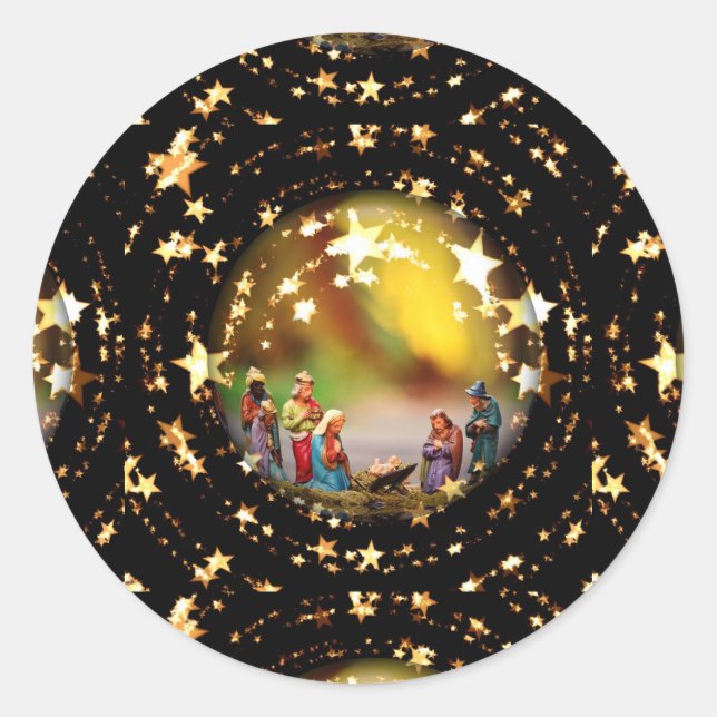 Nativity Scene Crib Virgin Mary Infant Jesus Stars Classic Round Sticker (Front)