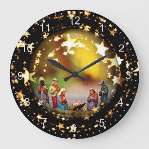 Nativity Scene Crib Virgin Mary Infant Jesus Stars Large Clock