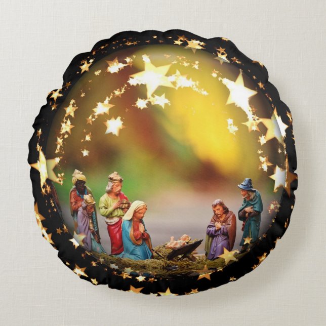 Nativity Scene Crib Virgin Mary Jesus Joseph Kings Round Cushion (Front)