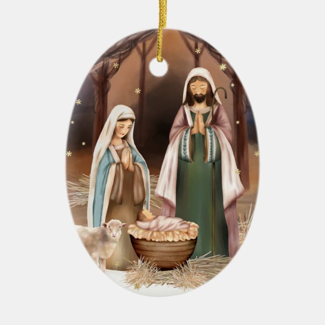 Nativity Scene Custom Christmas Ceramic Ornament (Front)
