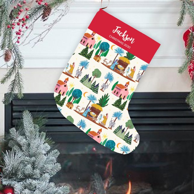 Nativity Scene Ecru Hand drawn Christmas Large Christmas Stocking (Nativity Scene Ecru Hand drawn Christmas Large Christmas Stocking)