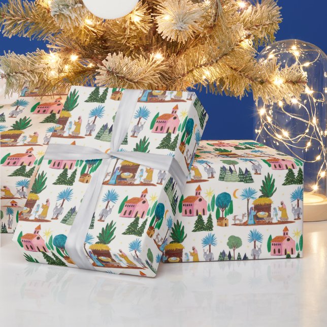 Nativity Scene Ecru Hand drawn Christmas Wrapping Paper (Holidays)